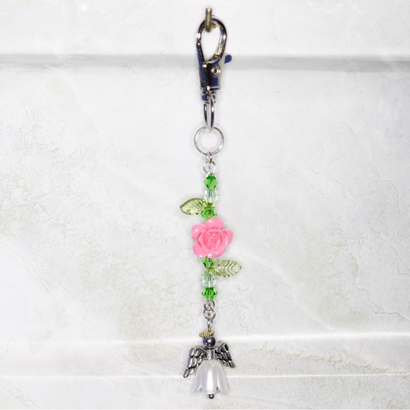 One of a Kind Handmade Pink Rose and Angel Keychain Bag Charm - Picture 1 of 7